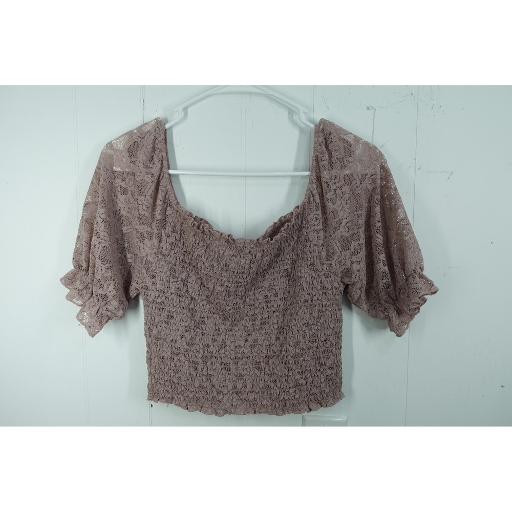 Active USA Blouse Womens Medium Pink Lace Puff Sleeve Square Neck Crop Top - Picture 3 of 9